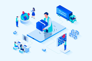 Fototapeta premium Online delivery 3d isometric web design. People order goods all over world, use fast delivery of parcels, online tracking in application, cargo transportation and logistics. Web illustration