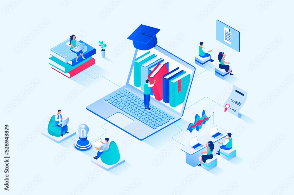Leinwandbilder online studying 3d isometric web design. people read books and study textbooks, improve skills and k