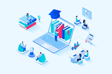 Online studying 3d isometric web design. People read books and study textbooks, improve skills and knowledge, study at university or take courses, graduate online schools. Web illustration - obrazy, fototapety, plakaty