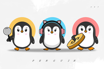 Fototapeta premium 3 cute penguin characters holding a magnifying glass, holding a dollar coin, wearing a pink headset, vector eps 10