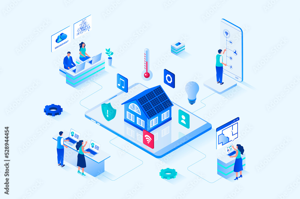Aufkleber Smart home 3d isometric web design. People monitor and control sensors in house from mobile application, set up sensors for temperature, lighting, security systems and other. Web illustration