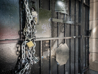 chains and padlocks on metal door
