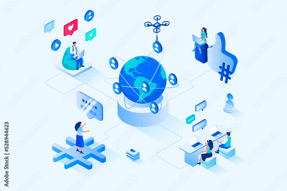 Leinwandbilder social network 3d isometric web design. people communicate online with community of friends, view vi