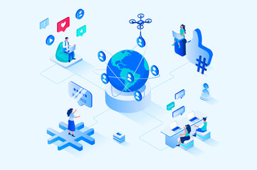 Social network 3d isometric web design. People communicate online with community of friends, view virtual content, like and comment on posts, browsing and online chatting. Web illustration - obrazy, fototapety, plakaty
