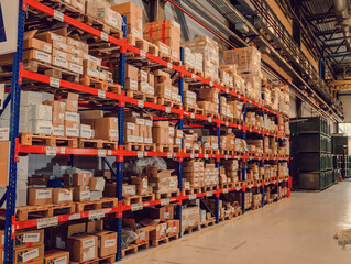Industrial distribution, composition. Storage with high shelves, cargo boxes on racks. Rows of shelves with boxes at the factory.