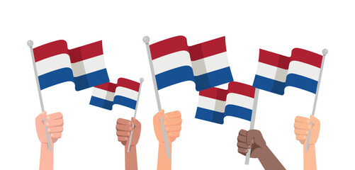 Obraz premium Hands with Netherlands flag isolated on white background. Vector stock