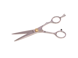 Old professional barber scissors metallic color. Isolated on white background