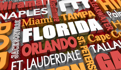 Florida Cities State Flag Background Destinations 3d Illustration