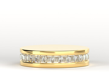 Luxurious stand for product presentation in vintage style. Golden platform with diamonds. White background. 3d rendering.