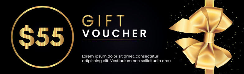 55 Dollar Gift voucher template design with gold bow and gold circle frames on black background. Premium design for Discount gift coupons, vouchers, gift certificates, gift card, banner.