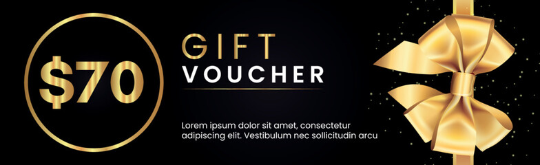 70 Dollar Gift voucher template design with gold bow and gold circle frames on black background. Premium design for Discount gift coupons, vouchers, gift certificates, gift card, banner.