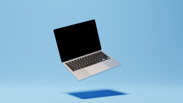 Laptop computer mockup with black empty screen, aluminum body. 3D render mock up of generic pc. Technology, communication, internet, digital. Creative design for advertisement, blue background.