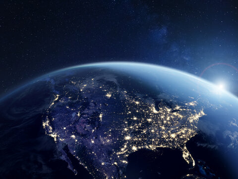 America at night viewed from space with city lights showing activity in United States. 3d render of planet Earth. Elements from NASA. Technology, global communication, world. USA.