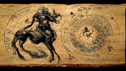 Fototapeta na wymiar Astrological sign of sagittarius, engraving and drawing on a wooden board, antique wood, for astrologer and horoscope, centaur