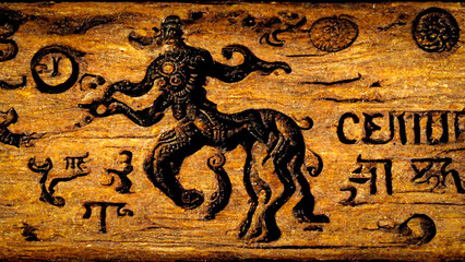 Astrological sign of sagittarius, engraving and drawing on a wooden board, antique wood, for astrologer and horoscope, centaur - obrazy, fototapety, plakaty