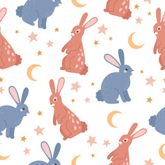 Seamless pattern with rabbits, moon and stars. Vector flat illustration for kids fabric, textile, nursery wallpaper.