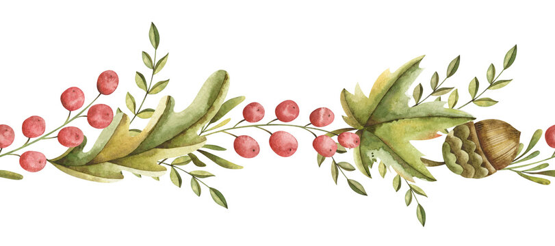 Watercolor seamless border with green foliage, berries, acorns. Repeatable frame with oak and maple leaves for holiday greetings