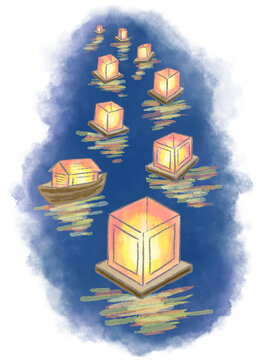 Lantern floating Obon hand drawn watercolor background illustration / 灯籠流し お盆の淡い手描き水彩イラスト