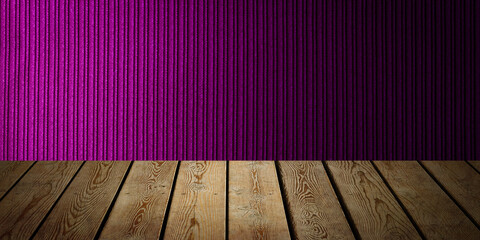 The background is blank wooden boards and a textured striped wall with gradient lighting and...
