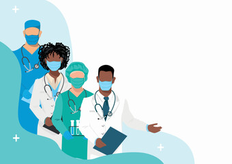 Thank you doctors and nurses for helping and saving lives. A team of doctors of different medical specialties in medical uniforms. Vector illustration.