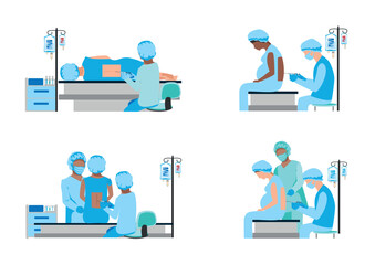Vector set of doctor and nurse doing epidural anesthesia in operating room. Operation. Obstetrics and gynecology. Pregnancy and childbirth. Thank you doctors and nurses. - obrazy, fototapety, plakaty