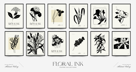 Abstract floral posters template collection. Modern Botanical trendy black style. Vintage flowers. Ink wall art.