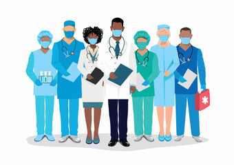 Obraz premium Thank you doctors and nurses for helping and saving lives. A team of doctors of different medical specialties in medical uniforms. Vector illustration.