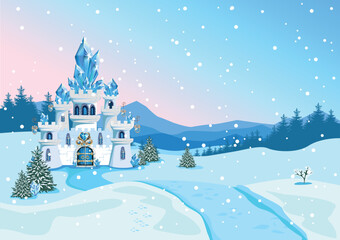 Winter castle for beautiful princess in cartoon style. Vector illustration of a fairy tale castle on a winter landscape with mountains and snowfall. - obrazy, fototapety, plakaty