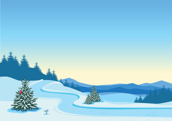 Winter landscape with mountains, snowfall, fir trees and a snowy country road. Flat vector background illustration.