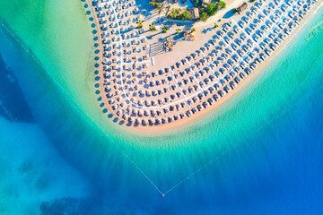 Aerial view of sea bay with sandy beach at sunny day in summer. Drone photo of Blue lagoon in...