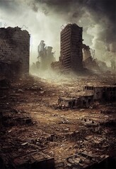 Fototapeta na wymiar A post-apocalyptic ruined city. Destroyed buildings, burnt-out vehicles and ruined roads. 3D rendering