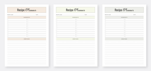 Recipe Book Template Design. Printable Recipe Card Template. Recipe Planner Set. Minimalist Planner Pages Template Set. Planner Bundle Design.