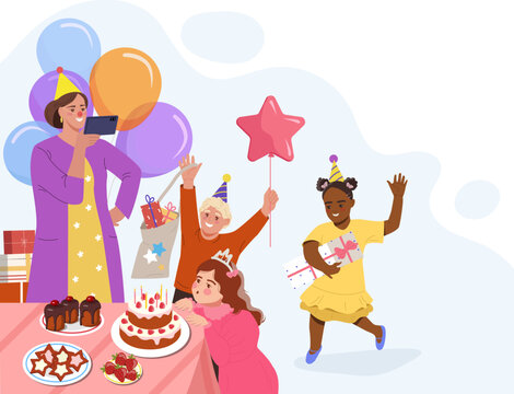 Birthday celebration party. Background or poster with little girl blowing candles on birthday cake, friends giving gifts and mom taking photos. Event or holiday. Cartoon flat vector illustration