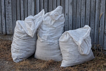 three large white garbage bags stand on dry grass against a gray fence wall in the street