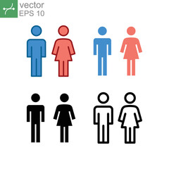 male and female icon, toilet, woman, people logo, different style. Bathroom and restroom sign. Symbols of man and women. Partner gender logo. Vector illustration design on white background. EPS 10