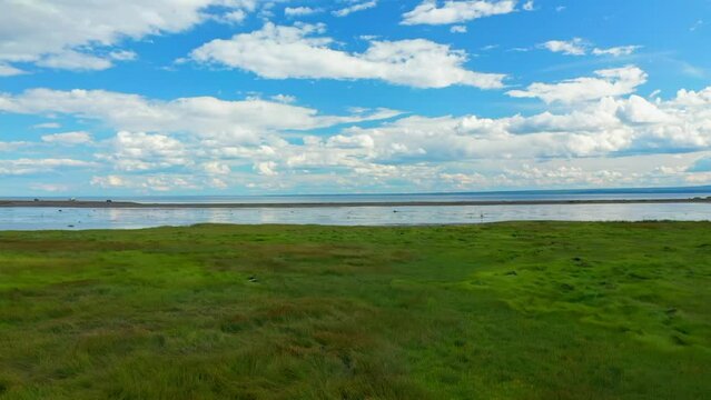 Drone video, above the shore at the Grande Envol&eacute;e park in Carleton sur mer in the Baie des Chaleurs in Gaspesie