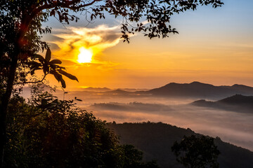Morning light is colorful and beautiful sea of mist in nature (Khao Kho Hong), Hat Yai District, Songkhla, Thailand.