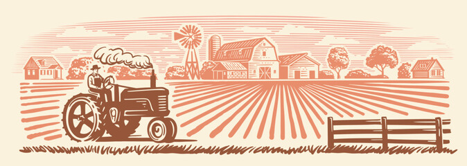 Rural landscape with tractor. Hand drawn