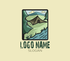 OUTDOOR CAMPING LOGO TEMPLATE WITH TENT, RIVER AND MOUNTAIN