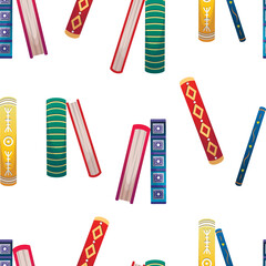 Seamless pattern with stacks of beautiful multicolored vintage books with spine patterns