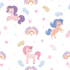 Seamless pattern design with cute unicorns, vector illustration for kids artworks, wallpaper, cards, prints.