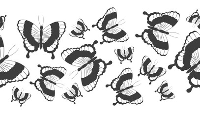 Seamless border banner with abstract black silhouette of cute flying butterflies isolated on white background