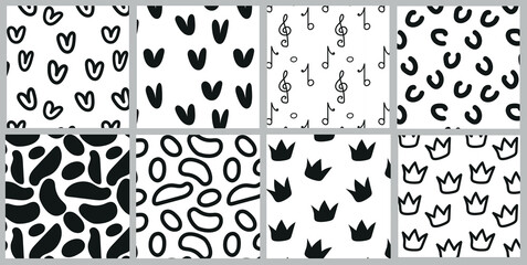 Abstract seamless pattern set collection, black and white texture. Crown, oval, semicircle, treble clef, hearts background. Hand-drawn wallpapers, endless ornament, repeating print. 