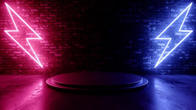 Sci Fi Retro Neon Bolts Flashing Purple Blue Empty Showcase Promotion Glossy Stage Podium Brick Grunge Wall Cement Floor Dark Room Club 3D Animation