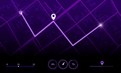 Abstract car map of the city in neon color with a route. Autonavigator, route of movement. EPS 10.