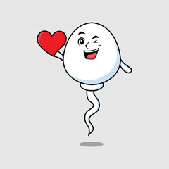 Cute cartoon sperm character holding big red heart in modern style design 