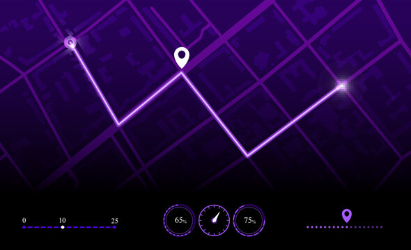 Abstract car map of the city in neon color with a route. Autonavigator, route of movement. EPS 10.