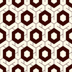 Honeycomb seamless pattern. Hexagon mosaic tiles ornament. Ethnic surface print. Repeated geometric figures background. Ornamental wallpaper. Modern geo design digital paper. Vector abstract work.