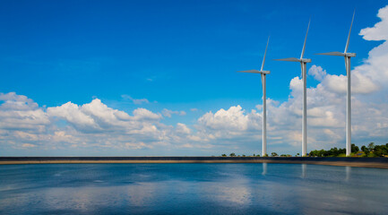 Wind turbine renewable energy source summer with sky.clean energy, protect the environment.