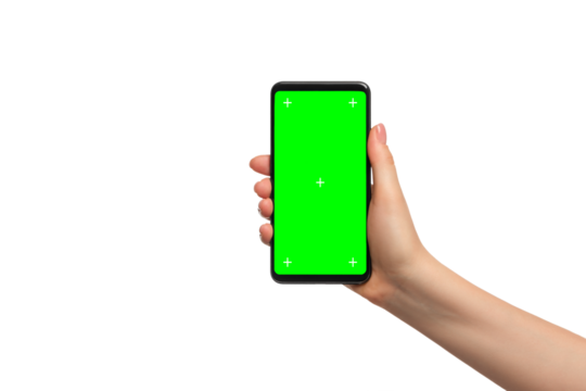 Smartphone with green screen in a woman's hand, isolated, copy space.